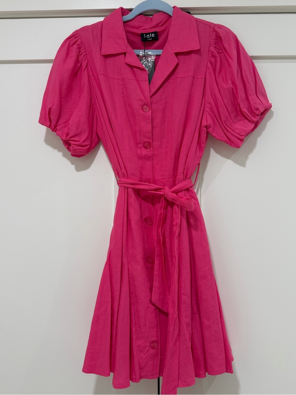 Fate Pink Linen Blend Puff Sleeve Belted Shirt Dress Large NWT